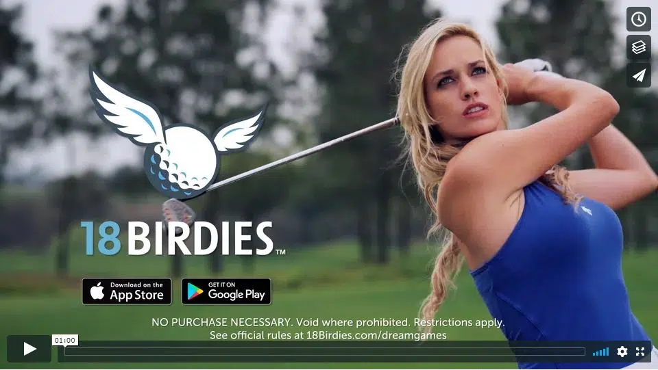 Professional golfer, Paige Spiranac, wearing a blue top and swinging a golf club promoting the 18Birdies app.