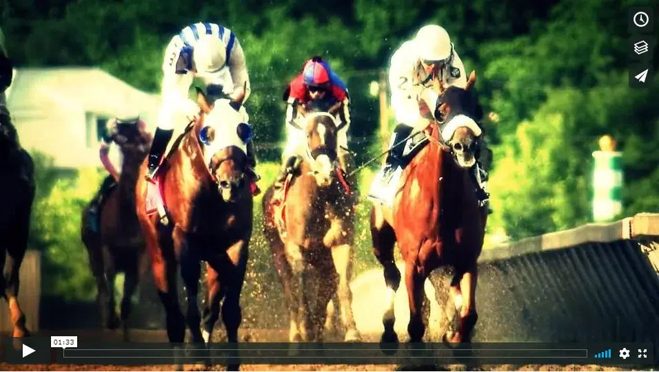 Three jockeys race their horses down a dirt track toward the camera, kicking up dust against a backdrop of lush green trees.