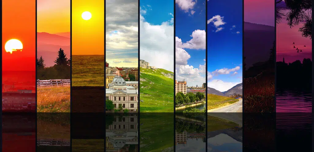 A vibrant collage featuring vertical slices of various landscapes, transitioning through different times of day and seasons, from a fiery sunset and sunny cityscapes to lush green hills and a deep purple twilight.