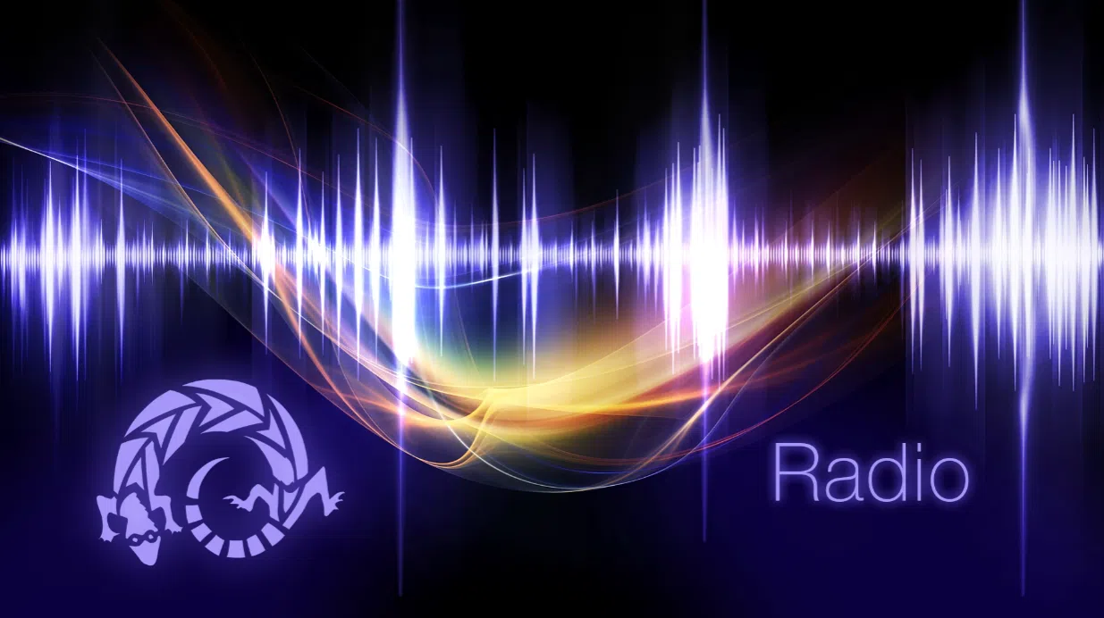 A vibrant purple and gold soundwave pattern ripples across a dark background, featuring a stylized gecko logo in the bottom-left and the word "Radio" in the bottom-right.