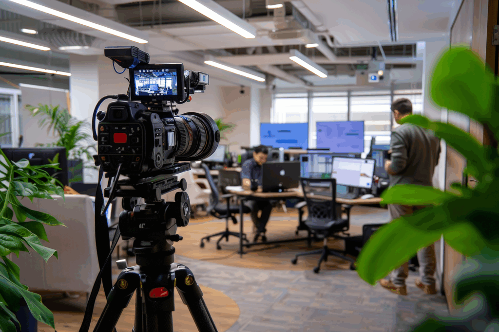 A professional video camera on a tripod stands in the foreground of a modern office, capturing a scene where employees work at desks with multiple monitors.